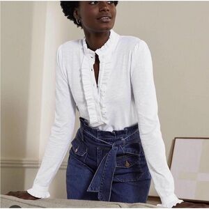 Boden Ruffle Front Frill Henley Jersey Puff Shoulder Long Sleeve Top Blouse